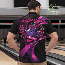 Load image into Gallery viewer, Person wearing a black bowling shirt with a purple and pink design on the back, standing in a bowling alley.