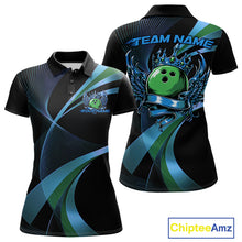 Load image into Gallery viewer, Black polo shirt with blue and green designs, featuring a bowling ball and wings, on a white background. 'Chiptee Amz' logo visible.