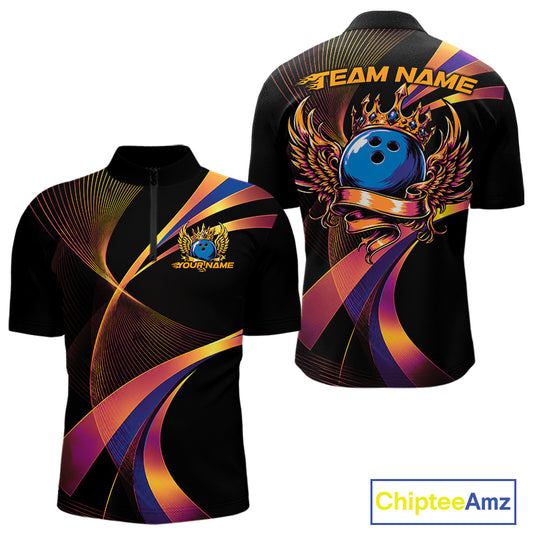 Black bowling shirt with colorful designs and 'Team Name' text on a white background