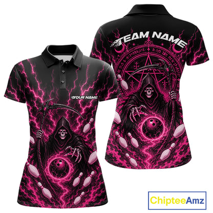 A custom womens short-sleeve polo shirt shown from both front and back, featuring a black base with vivid pink lightning, a grim reaper graphic, bowling pins, and placeholder text 'TEAM NAME' and 'YOUR NAME'.