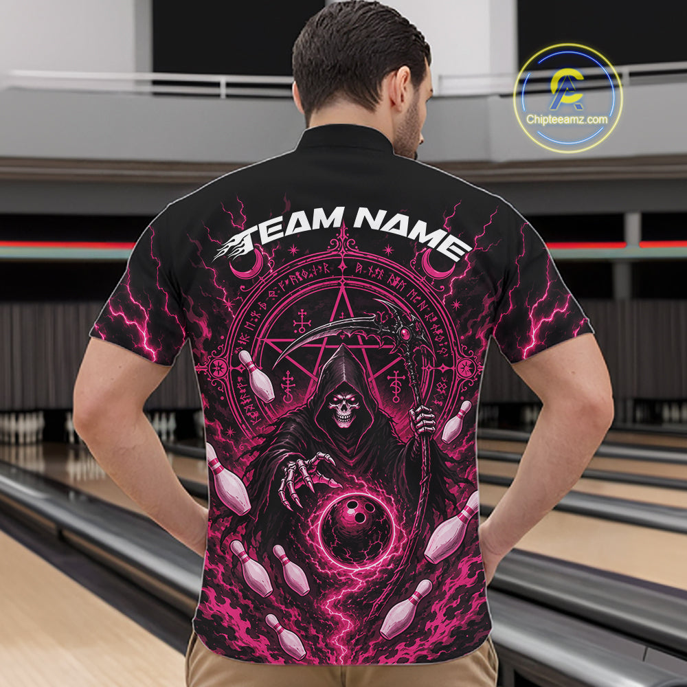 A man viewed from behind wearing a black short-sleeve bowling shirt with a large pink and black grim reaper graphic on the back, standing in a bowling alley. The shirt features the text 'TEAM NAME' and a detailed design with bowling pins, a ball, lightning, and runes.