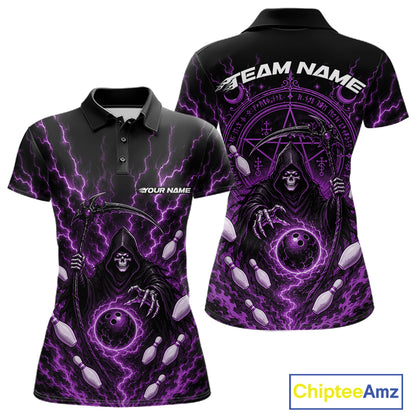 A black short-sleeve polo shirt shown from the front and back, featuring a vivid purple and black grim reaper graphic with lightning, bowling pins, and a dark magic circular. The front has placeholder text 'YOUR NAME' and 'TEAM NAME' on the back.