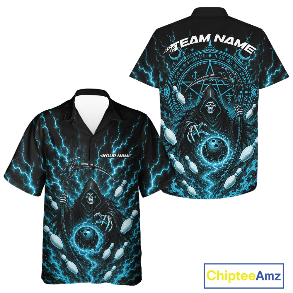 Custom short-sleeve button-up shirt shown from both front and back, featuring a black background with bright blue lightning, a grim reaper illustration, and customizable white text areas reading TEAM NAME and YOUR NAME. 