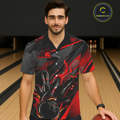 Black And Red Custom Flame Bowling Shirts For Men, Fire Bowling Team Shirt Bowler Jersey IPHW7931