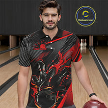 Load image into Gallery viewer, Black And Red Custom Flame Bowling Shirts For Men, Fire Bowling Team Shirt Bowler Jersey IPHW7931
