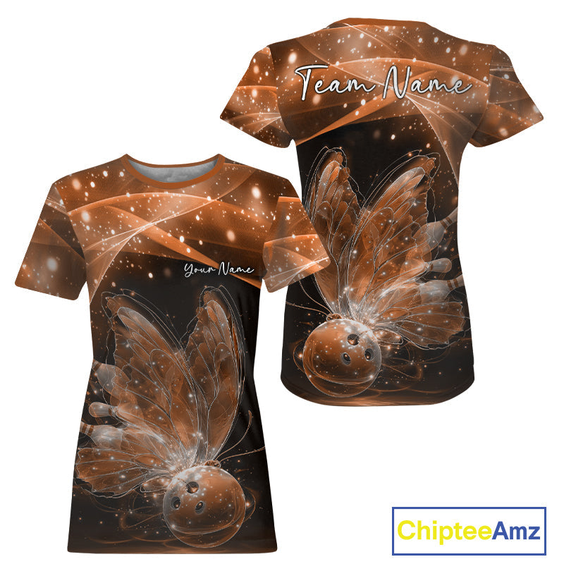 Custom Ethereal Orange Butterfly Bowling Team Women T-Shirts, Ladies Bowling Outfit IPHW10247