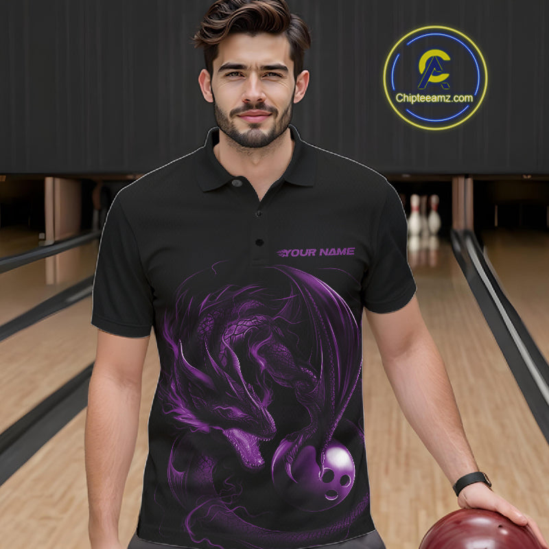 Custom Black And Purple Dragon Bowling Shirts, Bowling League Shirt Dragon Men Jersey IPHW10704