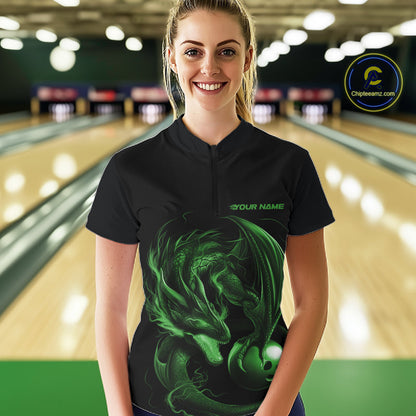 Custom Black And Green Dragon Bowling Shirts, Bowling League Shirt Dragon Women Jersey IPHW10705