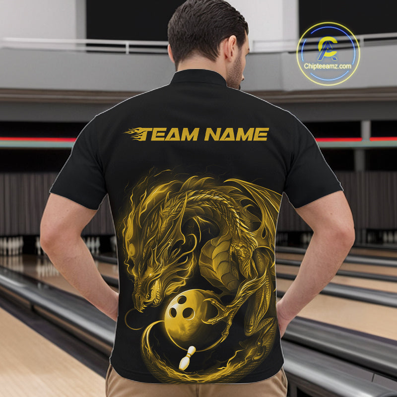 Custom Black And Yellow Dragon Bowling Shirts, Bowling League Shirt Dragon Men Jersey IPHW10706