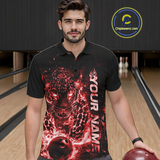 Custom Red Flaming Leopard Bowling Shirts For Men, Fire Bowling Team Shirt Bowler Uniform IPHW10712