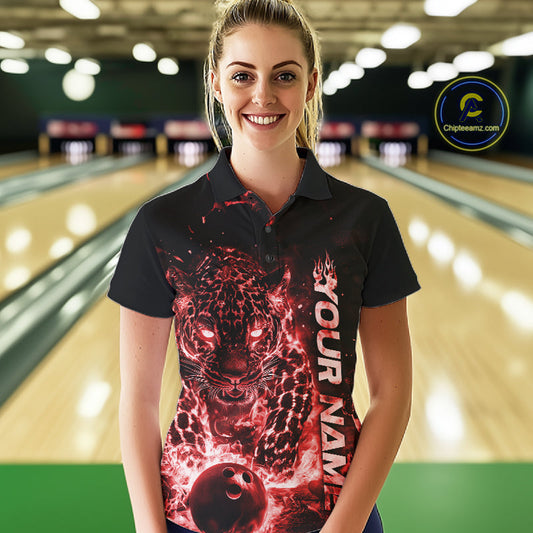 Custom Red Flaming Leopard Bowling Shirts For Women, Fire Bowling Team Shirt Bowler Uniform IPHW10712