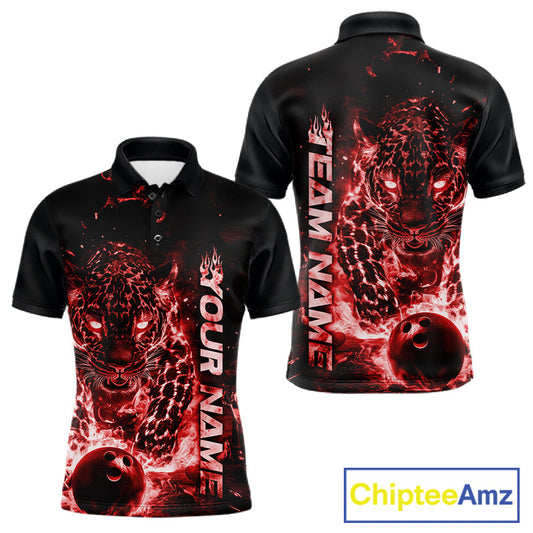Custom Red Flaming Leopard Bowling Shirts For Men, Fire Bowling Team Shirt Bowler Uniform IPHW10712