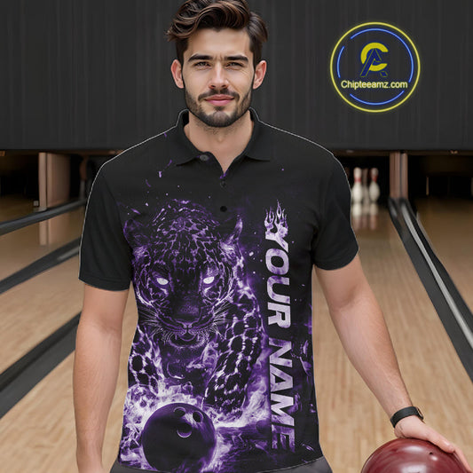 Custom Purple Flaming Leopard Men Bowling Shirts, Fire Bowling Team Shirt Bowler Uniform IPHW10713