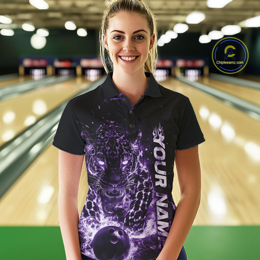 Custom Purple Flaming Leopard Women Bowling Shirts, Fire Bowling Team Shirt Bowler Uniform IPHW10713