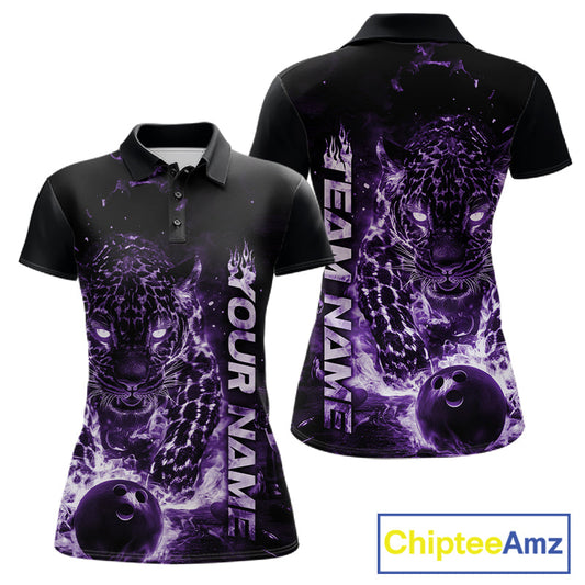 Custom Purple Flaming Leopard Women Bowling Shirts, Fire Bowling Team Shirt Bowler Uniform IPHW10713
