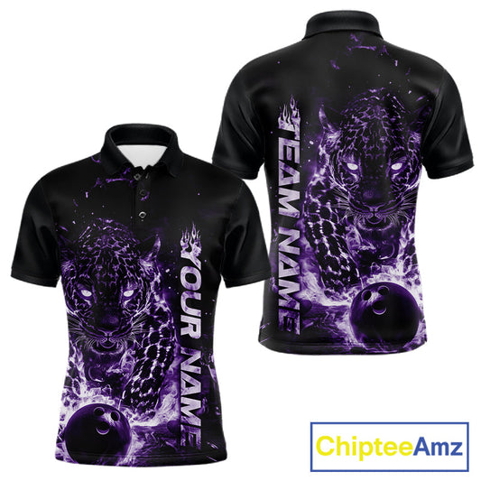Custom Purple Flaming Leopard Men Bowling Shirts, Fire Bowling Team Shirt Bowler Uniform IPHW10713