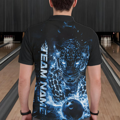 Custom Blue Flaming Leopard Men Bowling Shirts, Fire Bowling Team Shirt Bowler Uniform IPHW10714