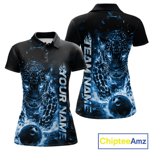 Custom Blue Flaming Leopard Women Bowling Shirts, Fire Bowling Team Shirt Bowler Uniform IPHW10714