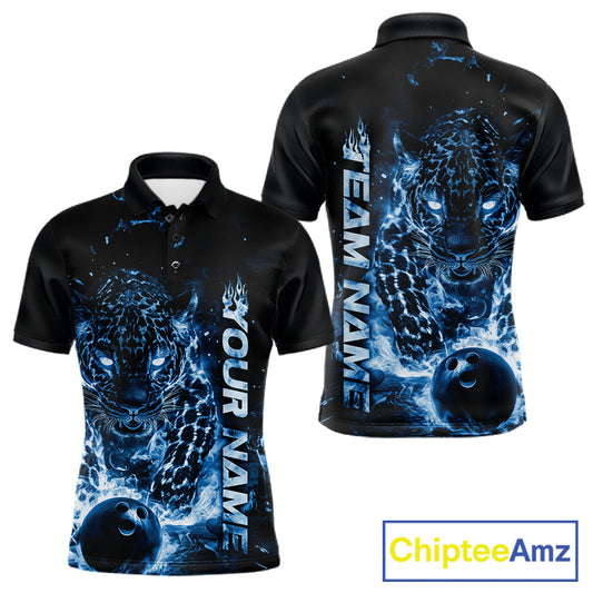 Custom Blue Flaming Leopard Men Bowling Shirts, Fire Bowling Team Shirt Bowler Uniform IPHW10714
