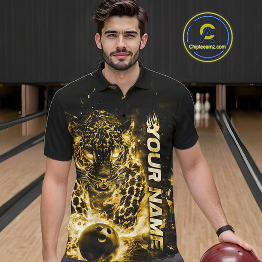 Custom Yellow Flaming Leopard Men Bowling Shirts, Fire Bowling Team Shirt Bowler Uniform IPHW10716