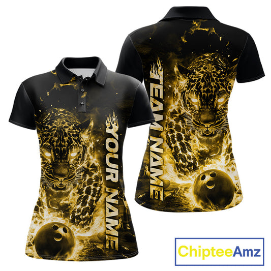 Custom Yellow Flaming Leopard Women Bowling Shirts, Fire Bowling Team Shirt Bowler Uniform IPHW10716