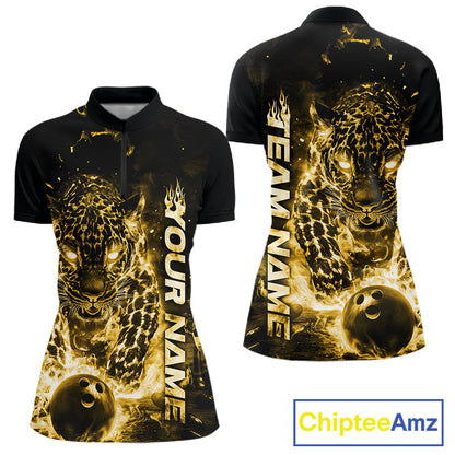 Custom Yellow Flaming Leopard Women Bowling Shirts, Fire Bowling Team Shirt Bowler IPHW10716