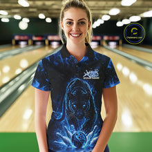 Load image into Gallery viewer, Custom Black And Blue Flame Leopard Bowling Women Polo Shirt, Bowling League Team Shirt IPHW11253