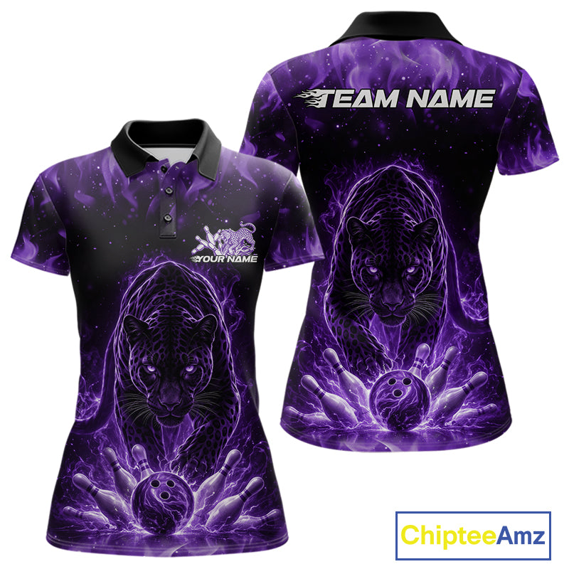 Front and back view of a womens black polo shirt mockup featuring a glowing purple electric panther with bowling ball striking pins dynamic graphics.