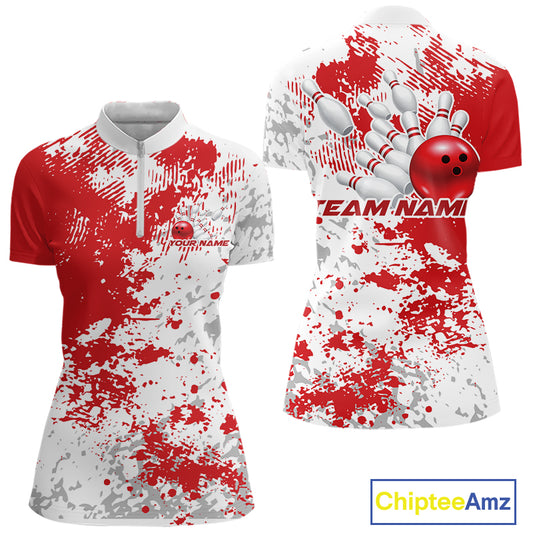 Front and back view of a womens bowling quarter-zip shirt mockup showcasing a red and white splatter background with dynamic sportswear design accents.