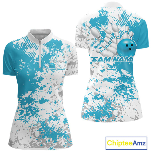 Front and back view of a womens bowling quarter-zip shirt mockup featuring a teal blue and white splatter background with dynamic sports styling.