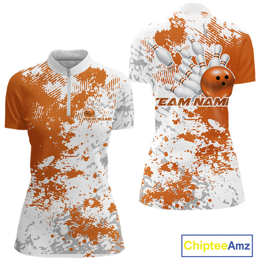 Front and back view of a womens bowling quarter-zip shirt mockup featuring an orange and white splatter background with bold sporty bowling-inspired graphics.