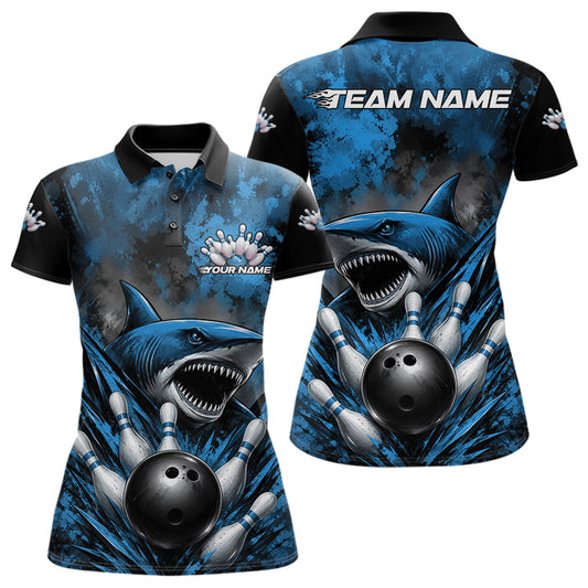 Bowling shirt with shark design and customizable text on a white background