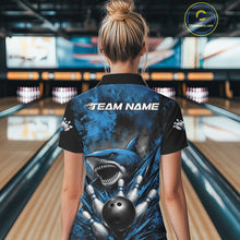 Load image into Gallery viewer, Person wearing a bowling shirt with a shark design and 'Team Name' text in a bowling alley.