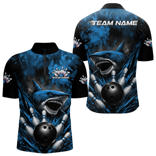 Bowling jersey with shark design and customizable text on a white background