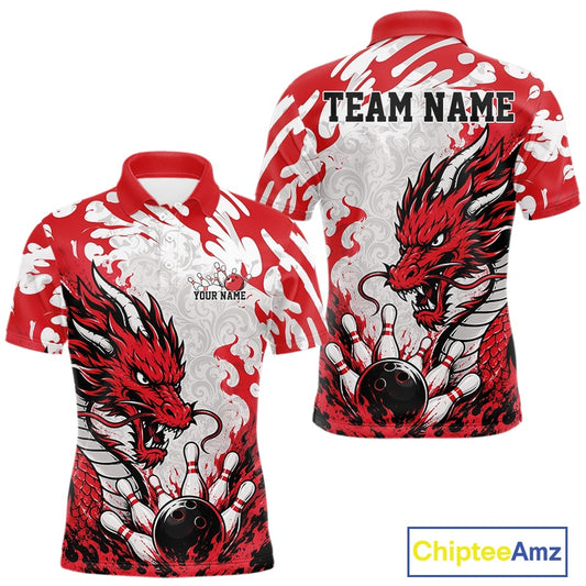 Red and white polo shirt with dragon design on a white background, featuring 'Chiptee Amz' branding.