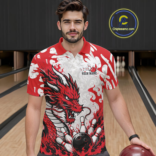 Man wearing a red and white dragon-themed bowling shirt in a bowling alley.