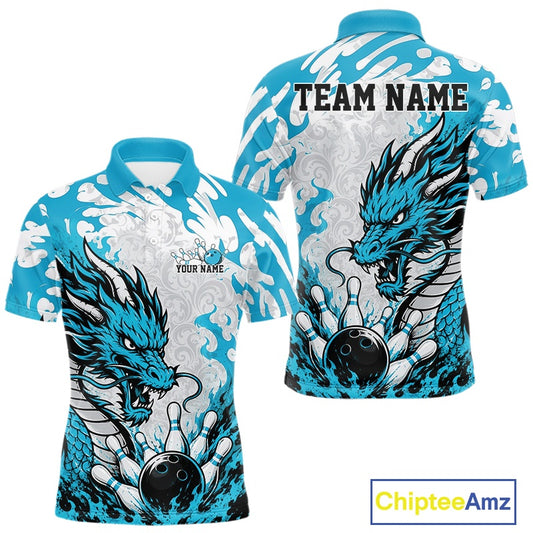 Blue and white dragon-themed bowling shirt with customizable text on a white background