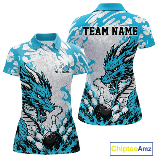 Bowling shirt with dragon design on front and back, customizable text, and Chiptee Amz branding.
