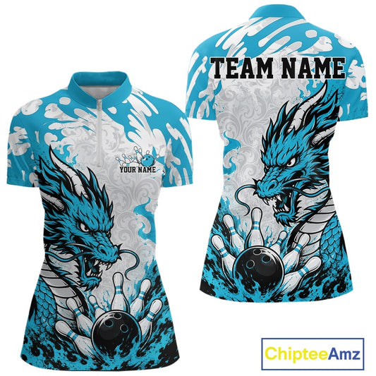 Bowling jersey with blue dragon design on a white background, featuring customizable text areas.