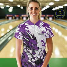 Load image into Gallery viewer, Person wearing a purple bowling shirt with dragon design in a bowling alley.