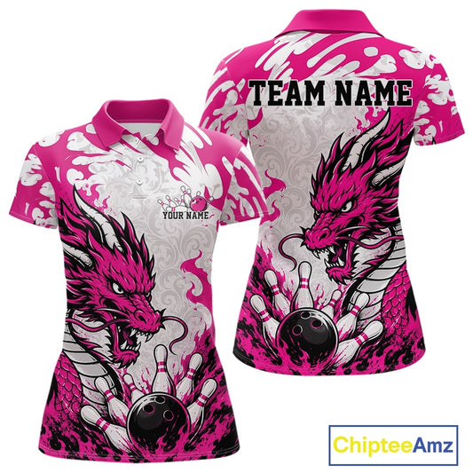 Pink and white polo shirt with dragon design and customizable text on a white background