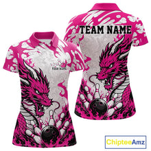 Load image into Gallery viewer, Pink and white polo shirt with dragon design and customizable text on a white background