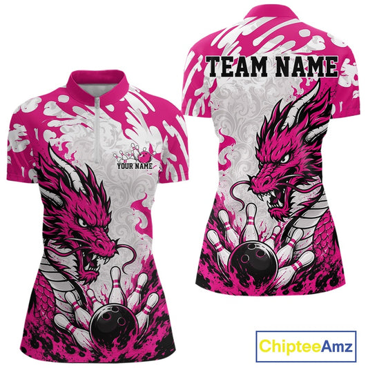 Pink and white bowling jersey with dragon design and customizable text on a white background