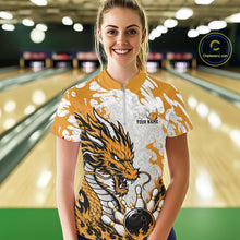 Load image into Gallery viewer, Woman wearing a bowling shirt with a dragon design in a bowling alley.