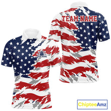Load image into Gallery viewer, Polo shirt with American flag design on a white background, featuring 'Chiptee Amz' branding.