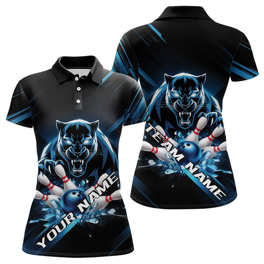 Custom Black And Blue Panther Bowling Polo Shirts For Women, Bowling Team Uniform IPHW8563