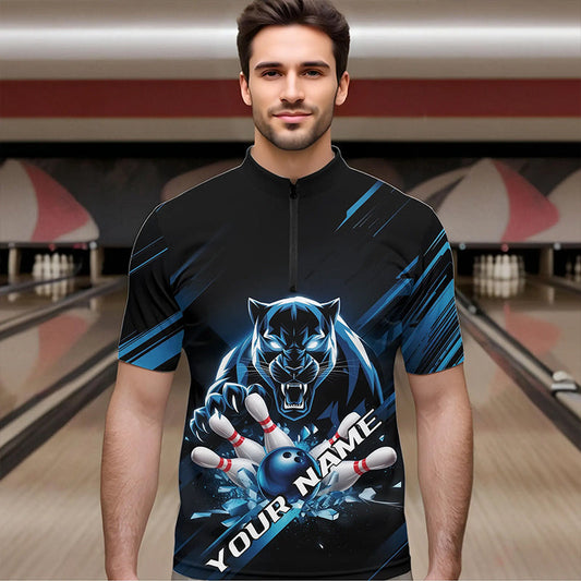 Custom Black And Blue Panther Bowling Quarter-Zip Shirts For Men, Bowling Team Uniform IPHW8563