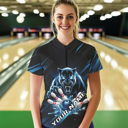 Custom Black And Blue Panther Bowling Womens Quarter-Zip Shirts, Bowling Team Uniform IPHW8563
