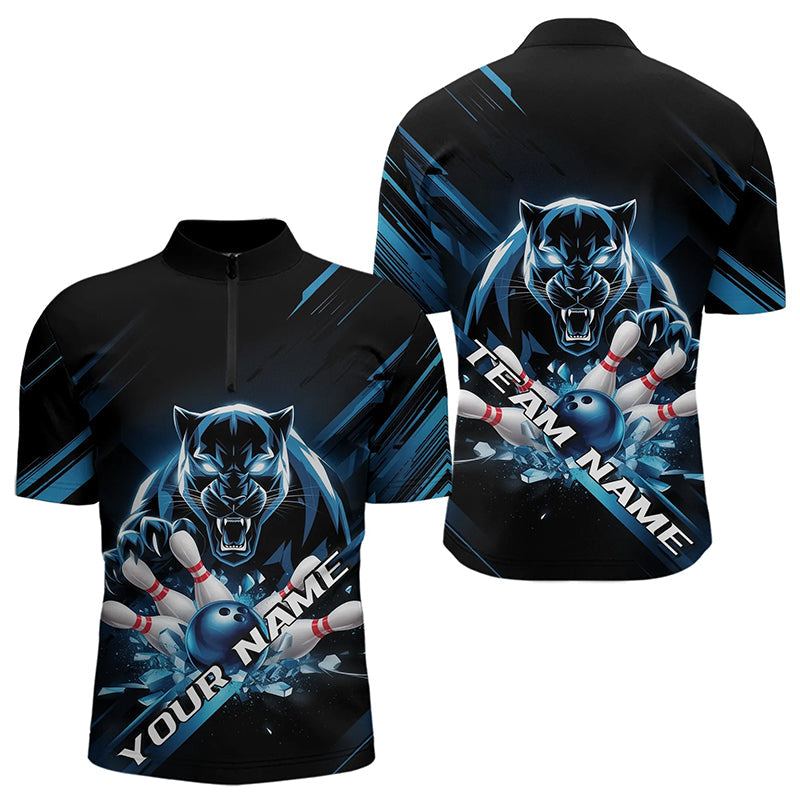 Custom Black And Blue Panther Bowling Quarter-Zip Shirts For Men, Bowling Team Uniform IPHW8563