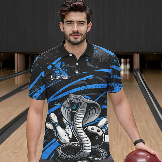Custom Black And Blue Cobra Snake Bowling Team Polo Shirts For Men, Bowling League Shirts IPHW8566